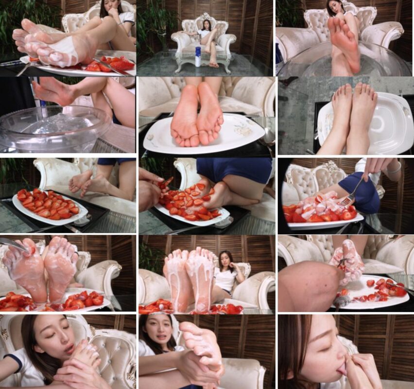 Sexy Asian Girls Feet | 客户订拍小仙女Baby 裸足食物草莓酸奶刀叉挠痒